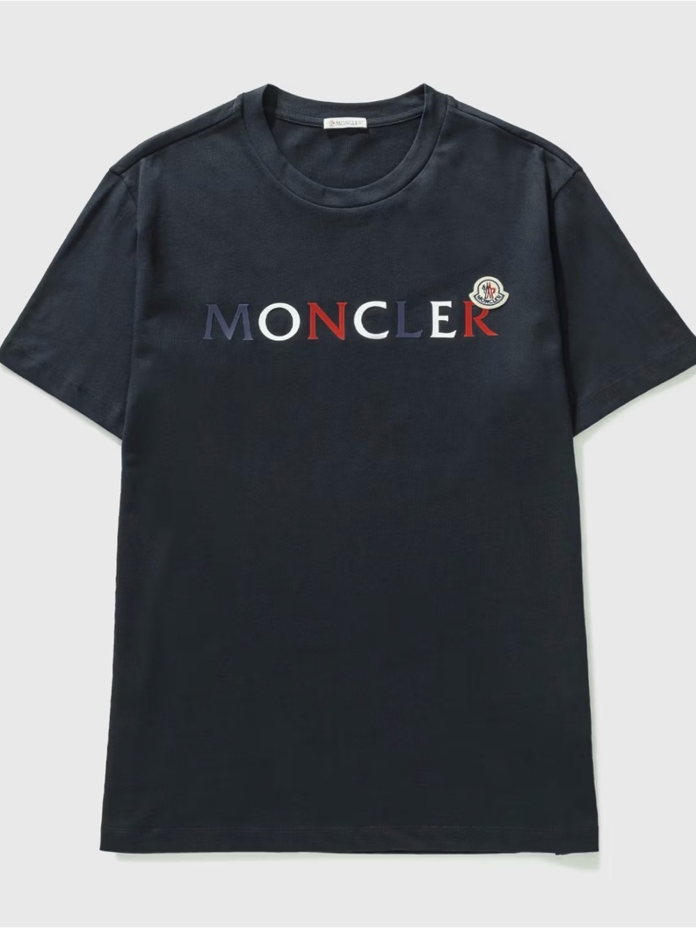 Moncler Navy Short Sleeve Logo Tee with Multicolor Lettering